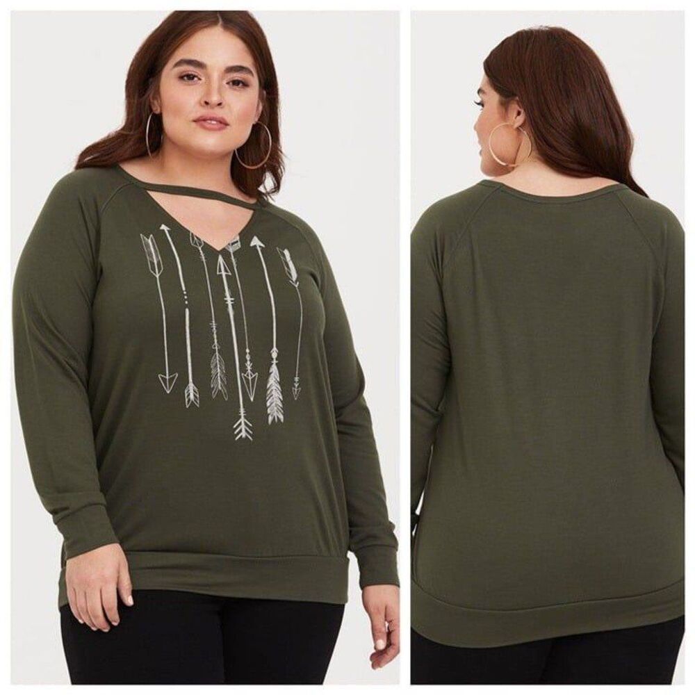 Torrid Size 2X Olive Lightweight Choker Sweatshirt Arrows Long Sleeve Green